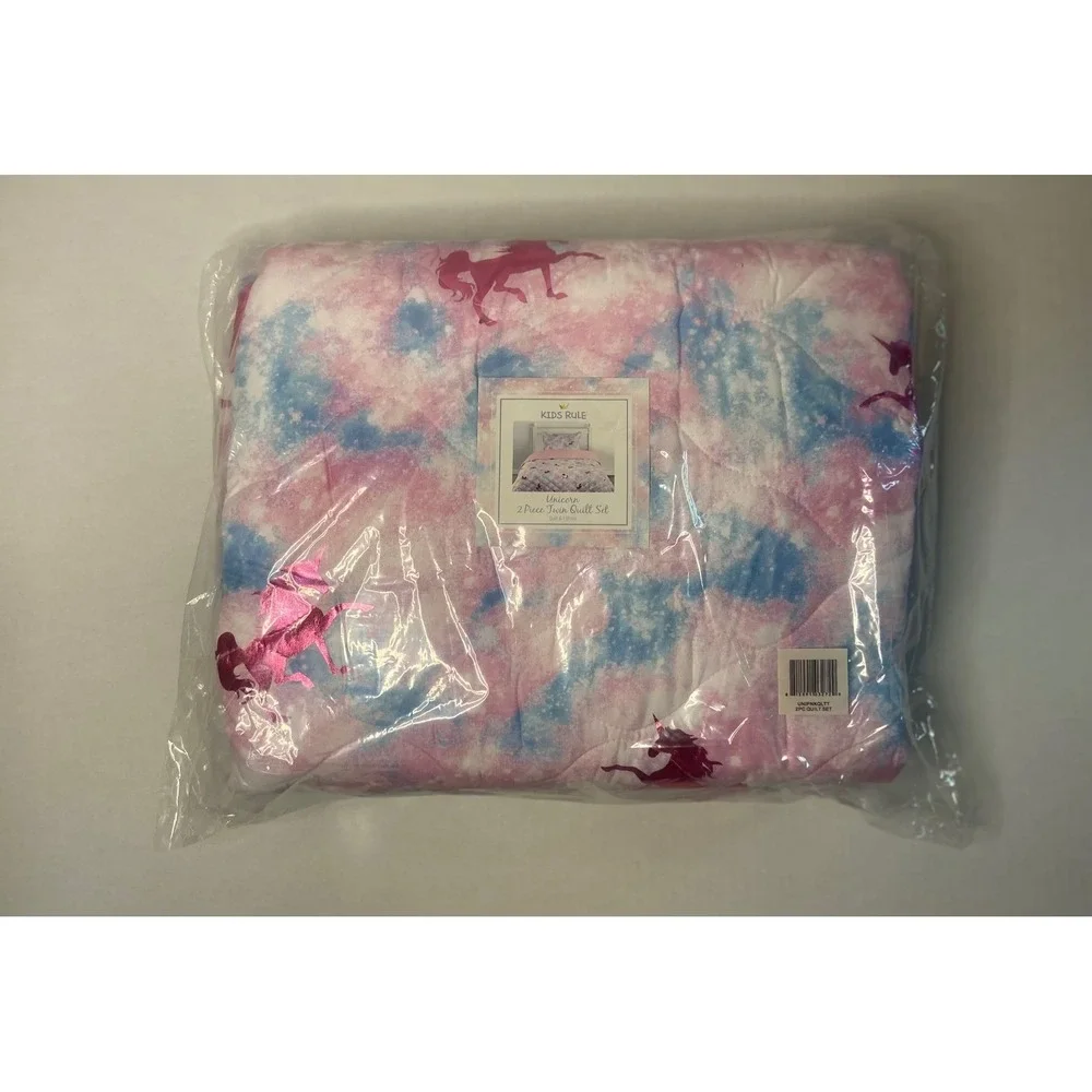 Kids Rule Unicorn 2 Piece‎ Twin Quilt Set Pink Blue Tie Dye Galaxy Metallic